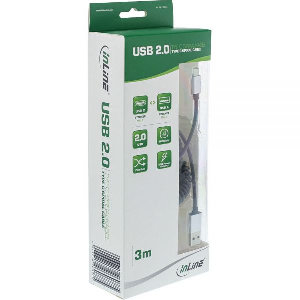 35873 3m USB2.0 C-A PLUG, M/M SPIRAL FLEXIBLE CBL BLK, INLINE